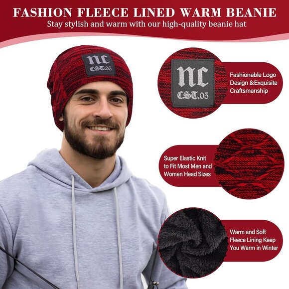 🆕 Men Red Fleece Lined Winter Cap Beanie Scarf Set Knit Neck Warmer Nice Hat - Picture 2 of 5